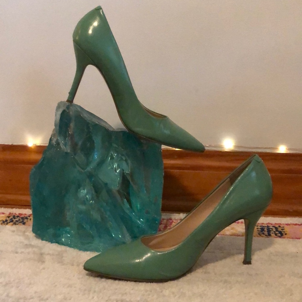 Pointy toes, mint colored, Nine West Heels. Worn and damaged but still cute.